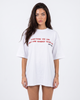 Model wearing Girl Code white chain back slogan t-shirt, front view showing red slogan print