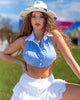 Cămașă din bumbac albastru cu carouri Gingham, tip Halter Crop Top