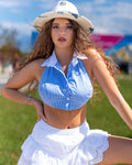 Cămașă din bumbac albastru cu carouri Gingham, tip Halter Crop Top