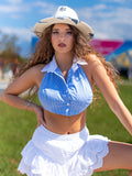 Cămașă din bumbac albastru cu carouri Gingham, tip Halter Crop Top