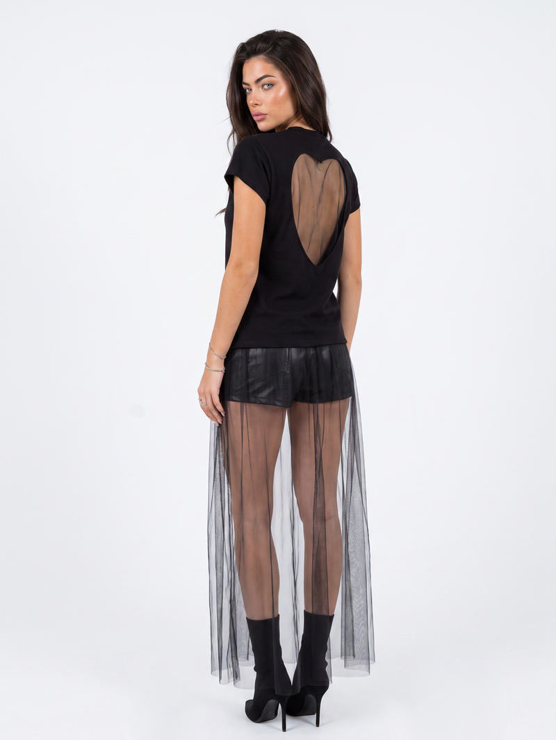 Close up of the black tulle heart cutout on the back of the Girl Code t-shirt dress