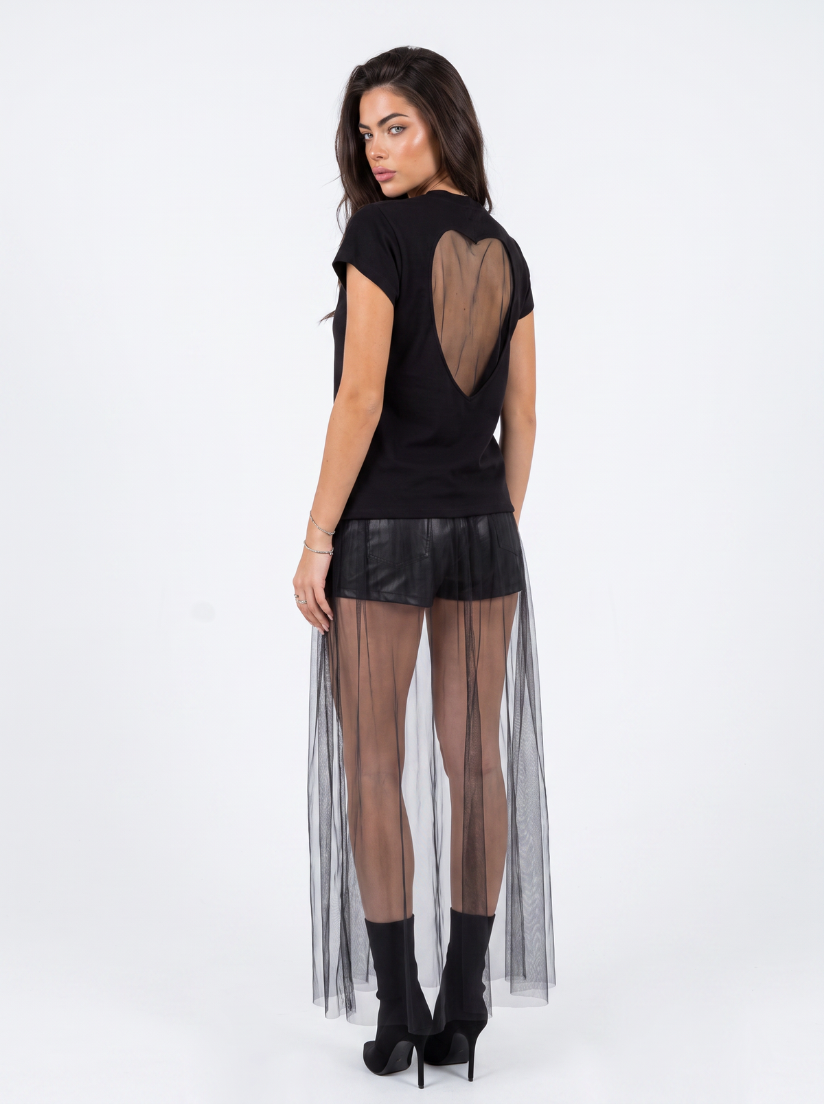 Close up of the black tulle heart cutout on the back of the Girl Code t-shirt dress