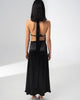Draped bust and halter neck tie of the Girl Code black satin two piece set