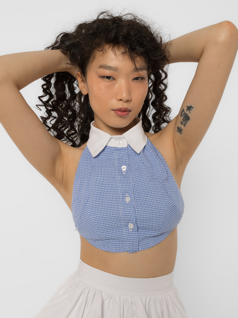 White point collar and working button placket on the blue gingham halter crop top