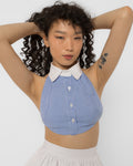 White point collar and working button placket on the blue gingham halter crop top