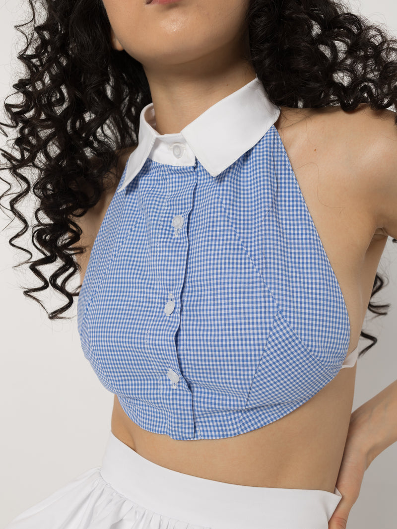 Open back of the Girl Code blue gingham halter crop top with self ties