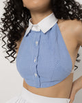 Open back of the Girl Code blue gingham halter crop top with self ties