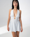 Open back and ribbon neck tie of the Girl Code blue polka dot halter dress