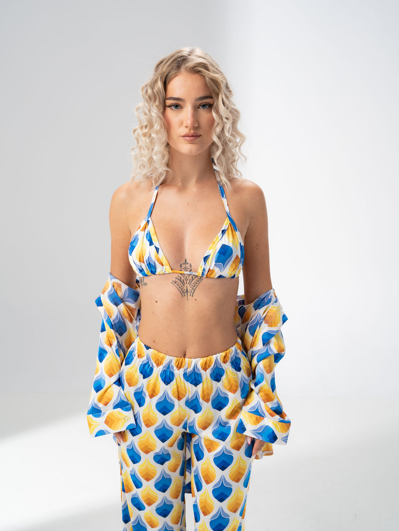 Girl Code blue and yellow satin three piece set in a retro geometric print