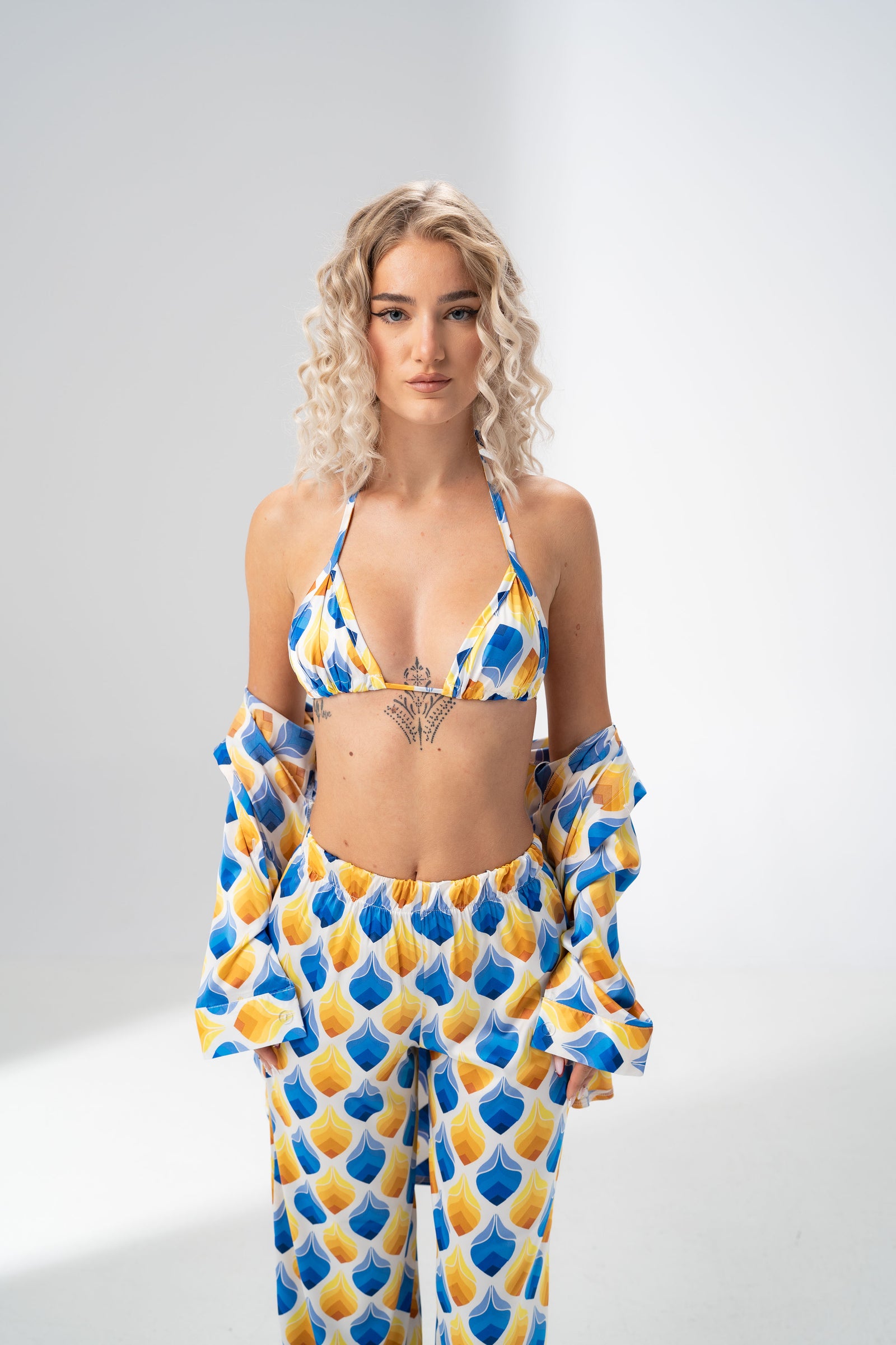 Girl Code blue and yellow satin three piece set in a retro geometric print