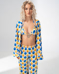 Girl Code blue and yellow satin three piece set with bralette and wide leg trousers
