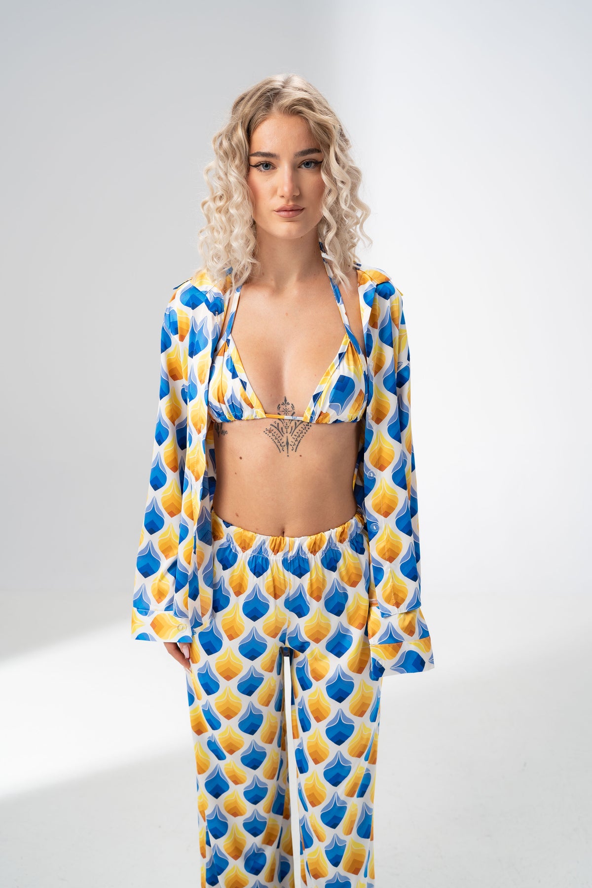 Girl Code blue and yellow satin three piece set with bralette and wide leg trousers