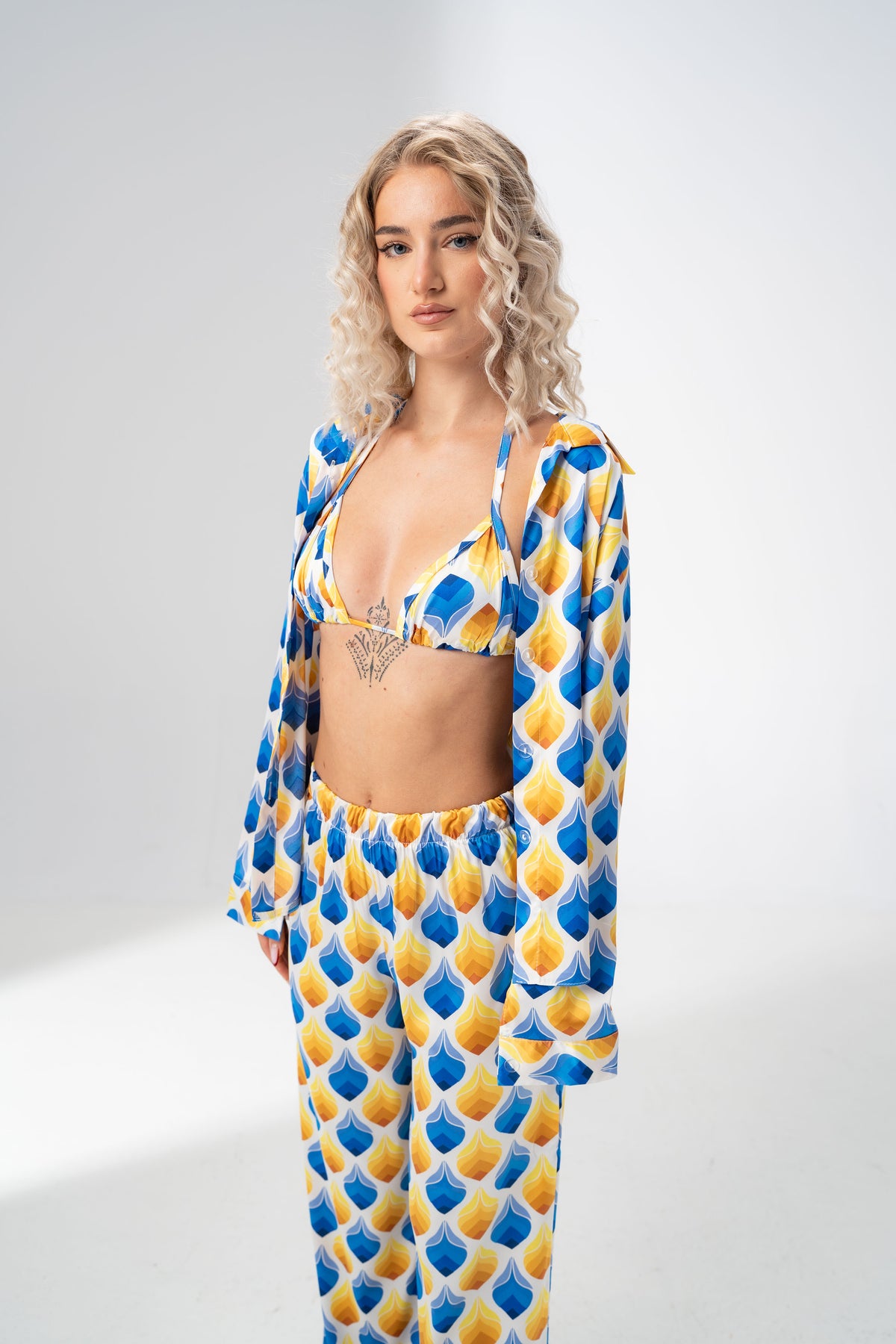 Girl Code blue and yellow printed satin three piece set