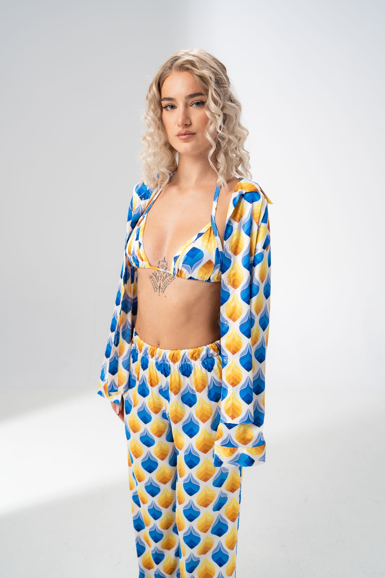 Girl Code blue and yellow printed satin three piece set