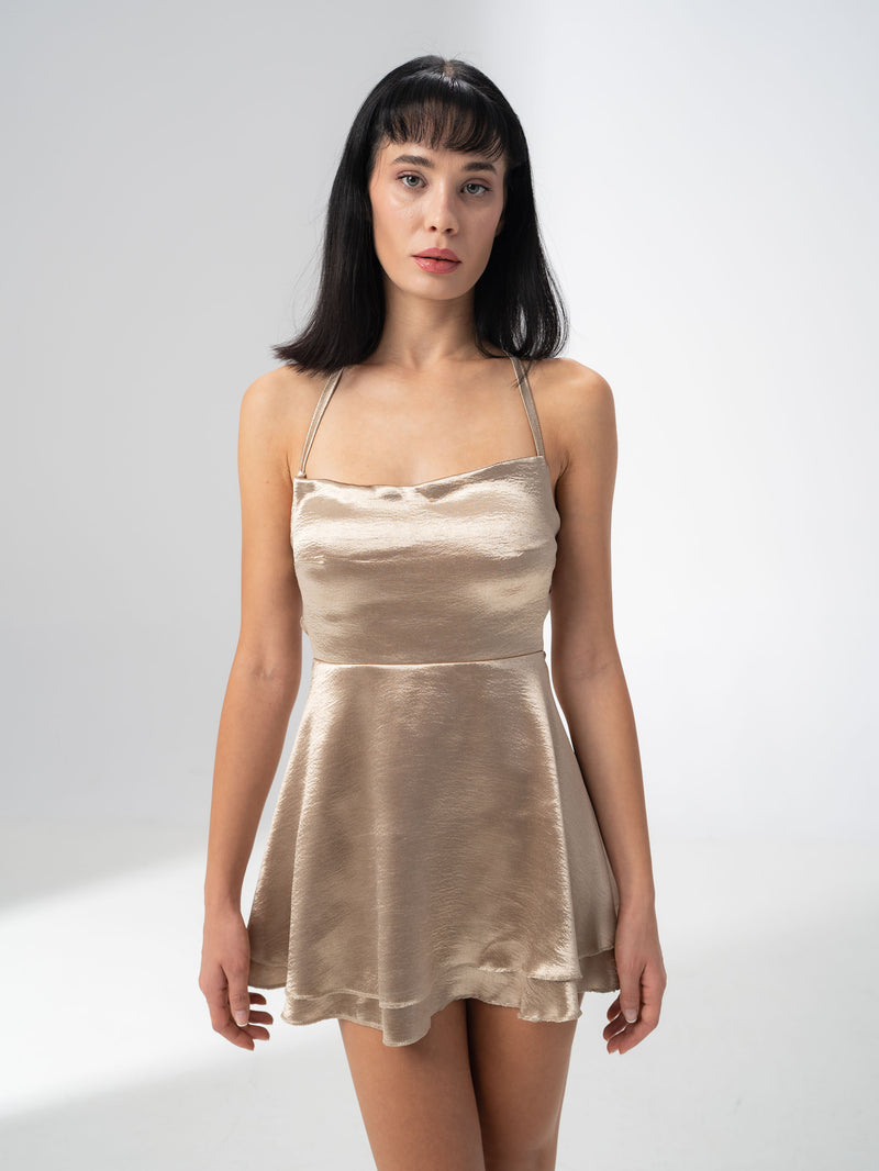 Girl Code champagne satin backless mini dress with a straight neckline