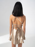 Girl Code champagne satin backless mini dress with crossed straps at the back