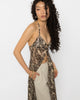 Deep V halter neckline of the leopard print long shirt, triangle bust panels and thin ties