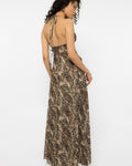 Open back of the Girl Code leopard print long shirt with self fabric halter ties down the spine