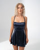 Girl Code navy satin backless mini dress with a straight neckline
