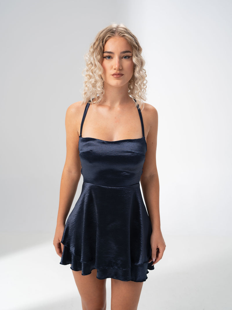 Girl Code navy satin backless mini dress with a straight neckline