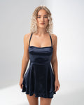 Girl Code navy satin backless mini dress with a straight neckline