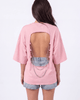 Back view of the Girl Code pink chain back slogan t-shirt showing open back cutout with silver chains