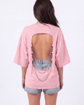 Back view of the Girl Code pink chain back slogan t-shirt showing open back cutout with silver chains
