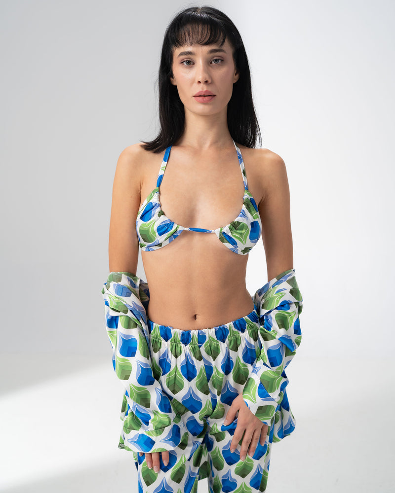 Girl Code printed satin three piece set in a retro blue and green geometric print