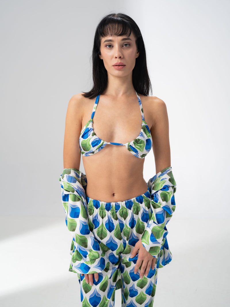 Girl Code printed satin three piece set in a retro blue and green geometric print