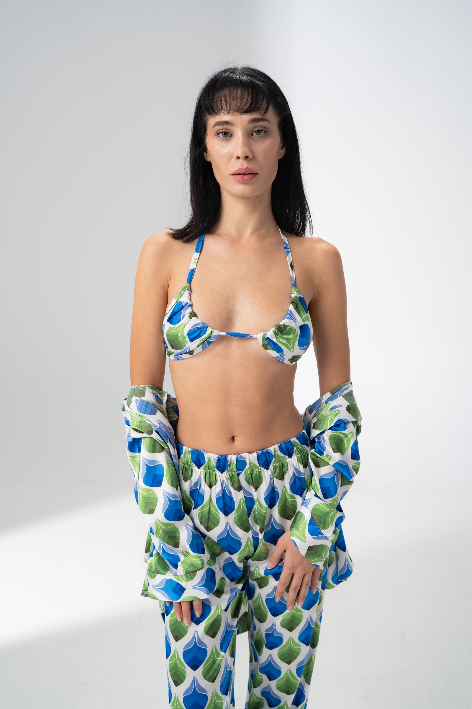 Girl Code printed satin three piece set in a retro blue and green geometric print