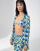 Girl Code printed satin three piece set in blue and green, bralette and wide leg trousers