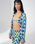Girl Code printed satin three piece set in blue and green, bralette and wide leg trousers