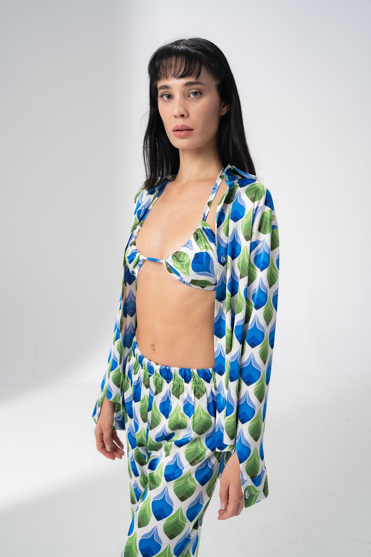 Girl Code printed satin three piece set in blue and green, bralette and wide leg trousers
