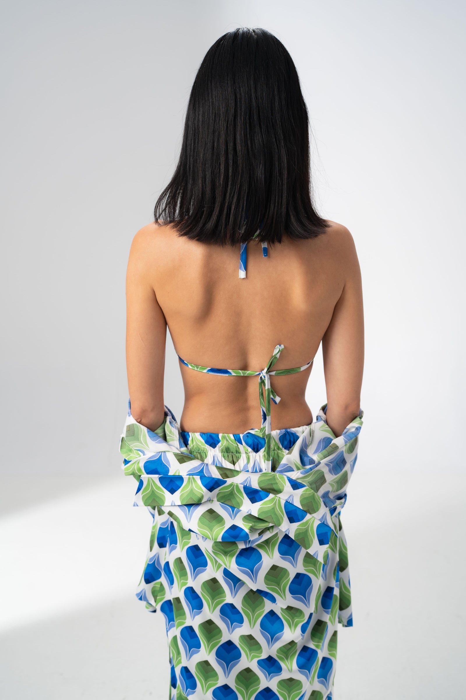 Girl Code printed satin three piece set in blue and green satin