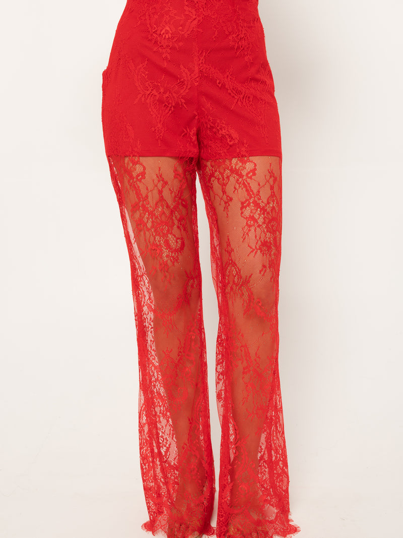 Full length wide palazzo leg of the Girl Code red lace-up pants
