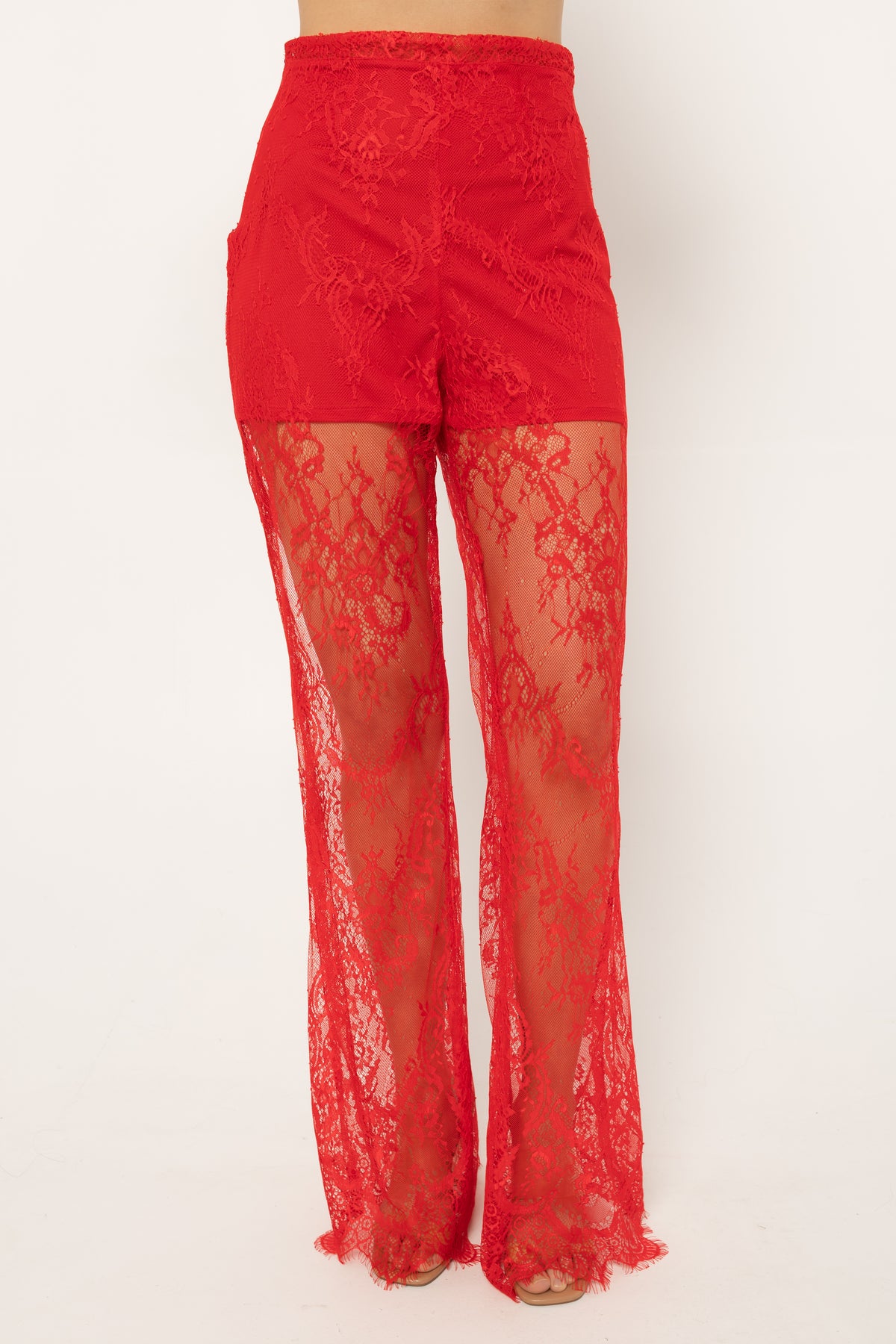 Full length wide palazzo leg of the Girl Code red lace-up pants