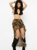 Model wearing Girl Code snake print high-low skirt with a sheer ruffled train