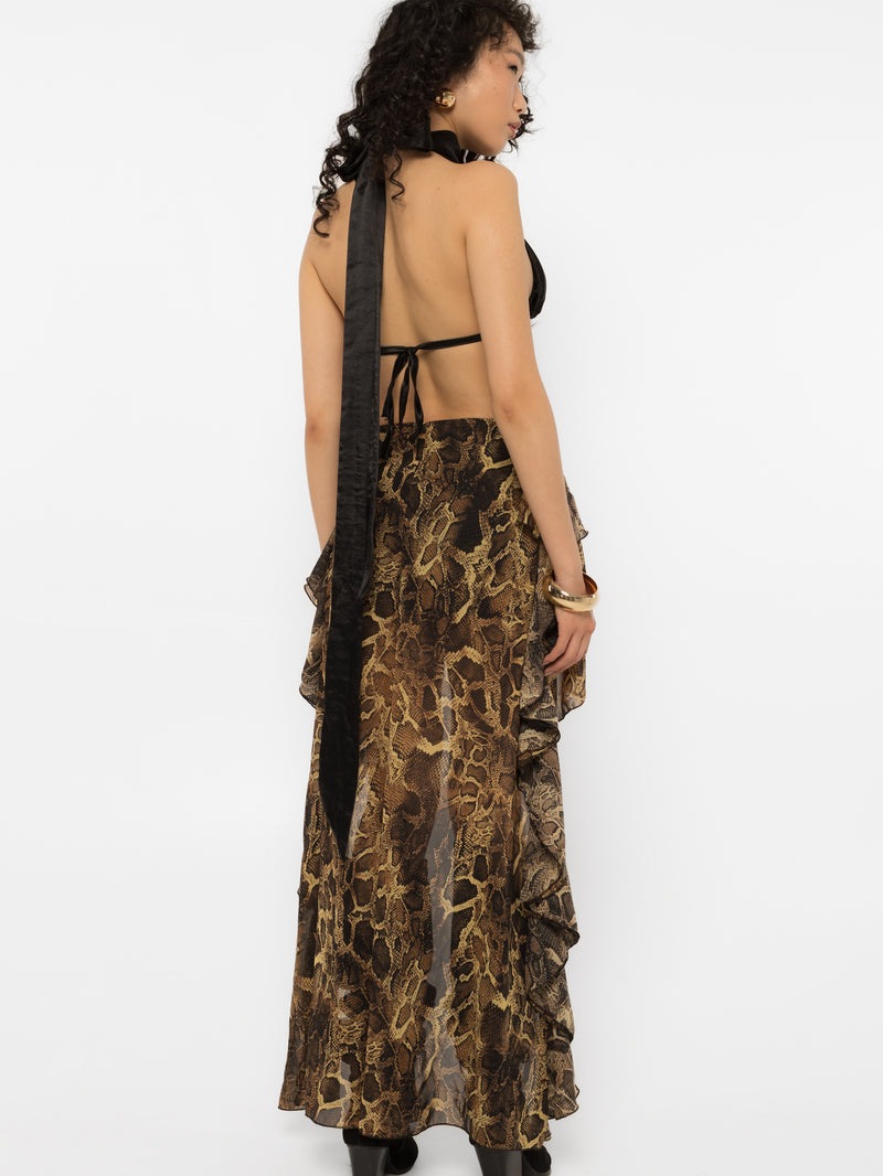Mini front of the snake print high-low skirt over black elastic lining
