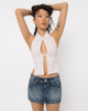 Model wearing Girl Code white cotton shirt halter top, full length front view