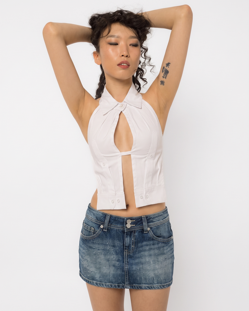 Model wearing Girl Code white cotton shirt halter top, full length front view