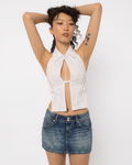 Model wearing Girl Code white cotton shirt halter top, full length front view