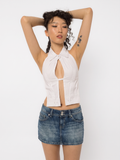 Model wearing Girl Code white cotton shirt halter top, full length front view