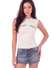 Model wearing Girl Code white pierced cutout sleeveless top with fixed steel rings, front view